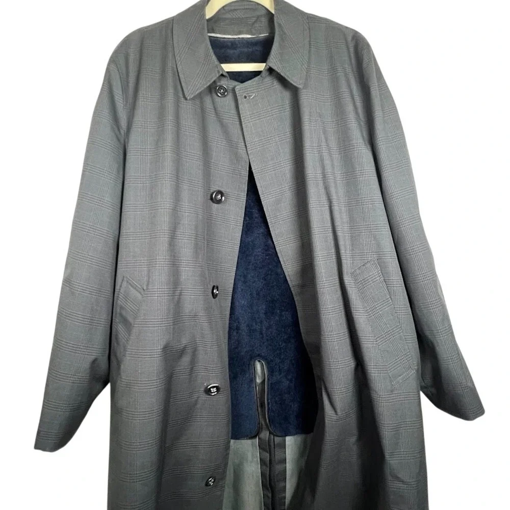 Vintage 1970s Towncraft Penn Prest Glen Plaid Car Coat Zip Out Liner‎ 42R Gray
